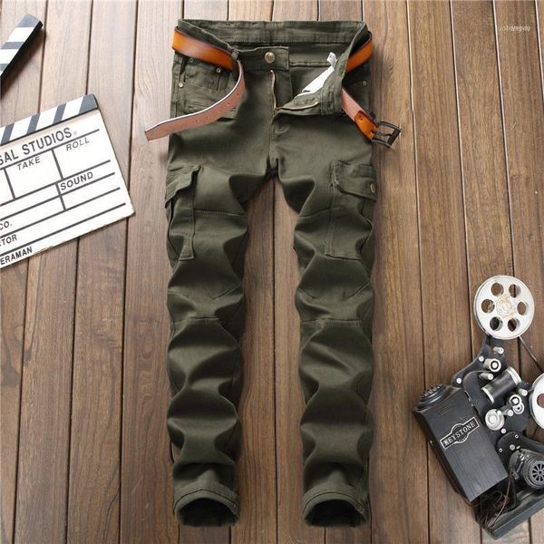 Pantalones vaqueros para hombre bonitos rectos verdes para hombre ropa de calle destruido Punk Hip Hop lápiz Biker parche bordado pantalones 1