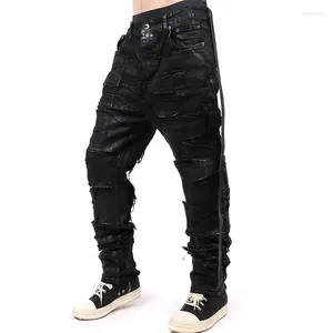 Jean pour hommes de créateur de niche de style cire enrobé de pantalon de pantalon décontracté noir enrobé en détresse