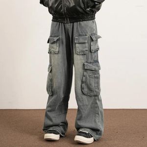 Jeans pour hommes hiver rue style rétro taille haute droite jambe large pantalon cargo décontracté mode multi-poches