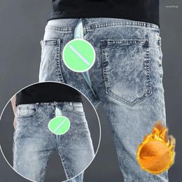 Herenjeans Open Kruis Outdoor Sex-broek Fleece gevoerd voor mannen Winter Warm Heren Skinny Slim Fit Stretch Gescheurde denimbroek