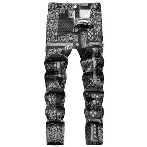 Heren jeans originele cashew zakdoekpatroon geprinte jeans mannen mode 3D digitale geschilderde stretch denim jeans slanke rechte zwarte broek 221008