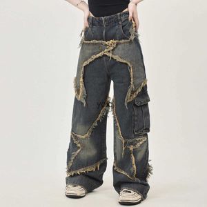 Jeans voor heren Originele High Street Baggy Wide Leg Cargo Jeans Broek Harajuku Pentagram Patch Patchwork Distressed Edge Denim Broek Mensyolq