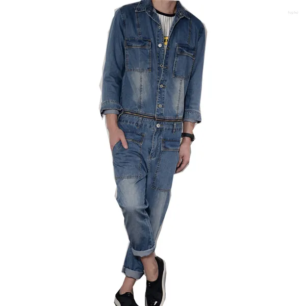Salopette en jean pour hommes, combinaison en jean, revers bleu, veste à manches longues, Hip-Hop, Streetwear, taille, pantalon détachable, pantalon décontracté