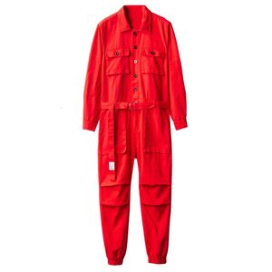 Mannen Jeans Overall Jumpsuit Revers Lange Mouwen Katoen MultiPocket Beam Voeten Mode Zwart Geel Rood Vracht Broek Broek 230628