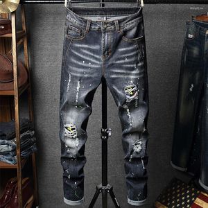 Jeans pour hommes Paint Spray Ripped Hole Patch pour hommes Skinny Slim Fit Blue Frayed Streetwear Hip Hop Denim Pantalons Patchwork Pantalons pour hommes