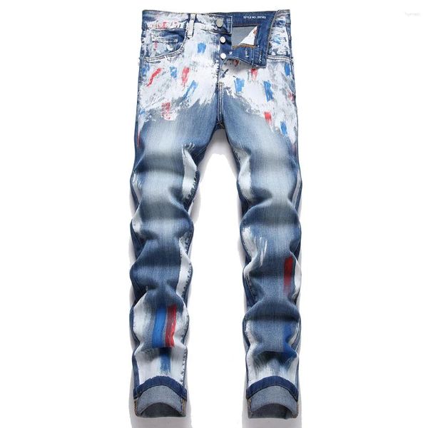 Pantalones vaqueros para hombre, ropa de calle vaquera con botones pintados, pantalones elásticos azules, pantalones cónicos delgados