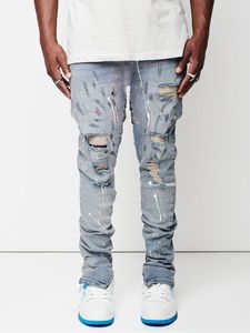 Herenjeans geverfd slanke fit zijspoorsniper ritssluiting katoen gescheurd herfst high street mode knie slijtage lichtblauwe hiphop