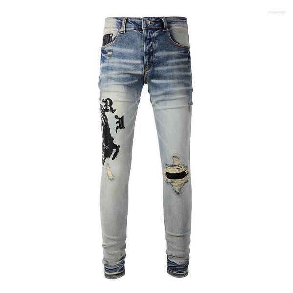 Jeans pour hommes Patch Hole Brodé Streetwear Hip Hop Patchwork Skinny Stretch Ripped Effiloché Pour Homme