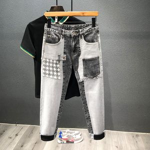 Heren jeans patch stikte mannen zwart grijze mode slanke elastische zakontwerp denim broek mannelijke streetwear hiphop 220923