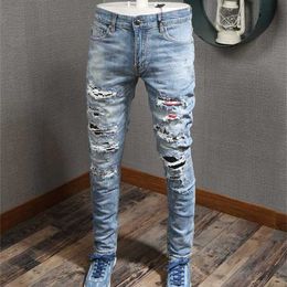 Jeans para hombre Detalle de parches Biker Fit Hombres Slim Motorcycle para hombre Vintage Denim Jean Pantsm955bshl