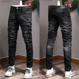 Detalles de parches de jeans para hombres Biker Fit Men Slim Motorcycle para hombres Vintage Jeans de mezclilla desgastados Pantsm955js1fcams4sq5nfbf