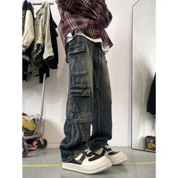 Jeans pour hommes Patchwork bleu Cargo unisexe pantalon droit décontracté hommes Muti poches Hip Hop Streetwear années 90 pantalon de mode Vintage 231201