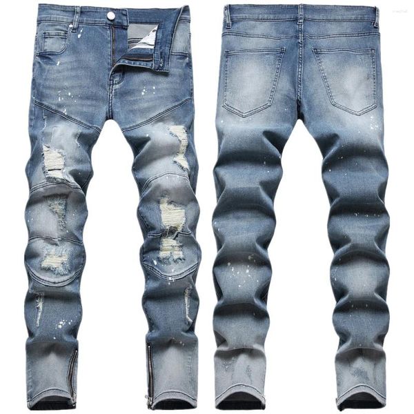 Jeans pour hommes patchwork complexe nostalgique singe point à la main de procédé à la main de procédé patch foot pantalon