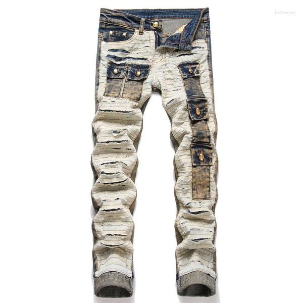 Jeans pour hommes Patchwork Rivet effiloché Hommes Multi Poches Élastique Mince Déchiré Denim Pantalon Streetwear Hip Hop Pantalon