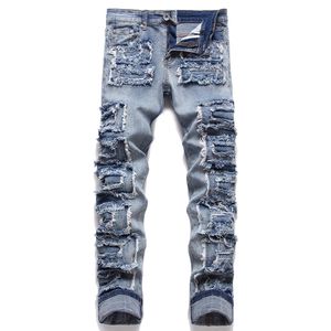 Jeans de hombre Patchwork Fringe Jeans Streetwear Parches Rasgados Pantalones de mendigo Blue Stretch Denim Pantalones rectos delgados