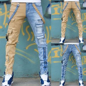 Jeans pour hommes Patchwork hommes lavés maigre tendance mince pantalon droit fermeture éclair pantalons cargo garçons mode rue hip hop