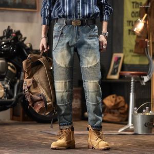 Jeans pour hommes Patchwork rétro nostalgique droit ample Punk épais moto pantalon plissé personnalisé