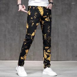 Jeans pour hommes personnalisés de peinture en or personnalisé imprimé street slim fit skinny extensible pantalon noir décontracté