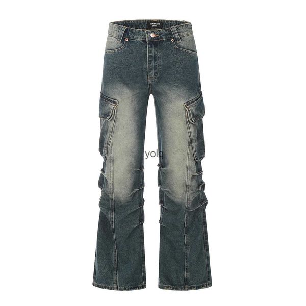 Jeans pour hommes Poète personnalisé légèrement plissé Cargo Jean évasé pour hommes Hip Hop dégradé drapé mince pantalon lavé Jeans Streetwear Cloesyolq