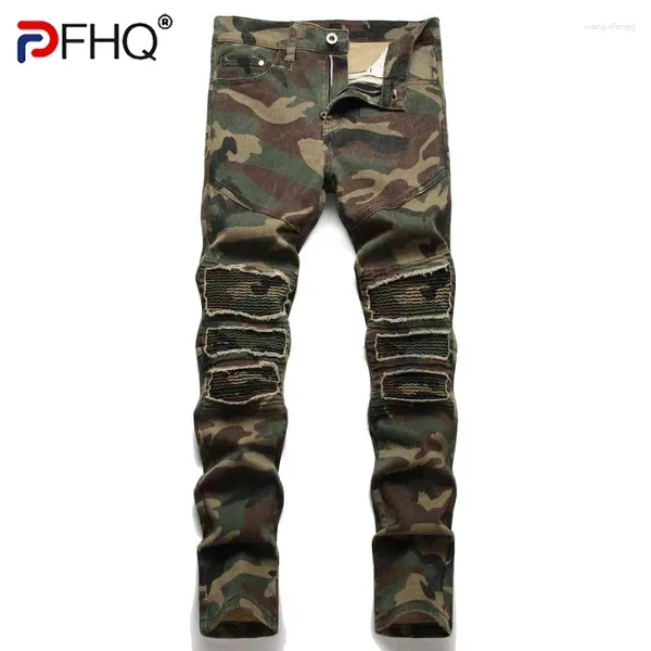 Jeans pour hommes PFHQ Camouflage Crayon Épissé Personnalisé Moto Usé Sports Camping Automne Denim Pantalon 21Z2540