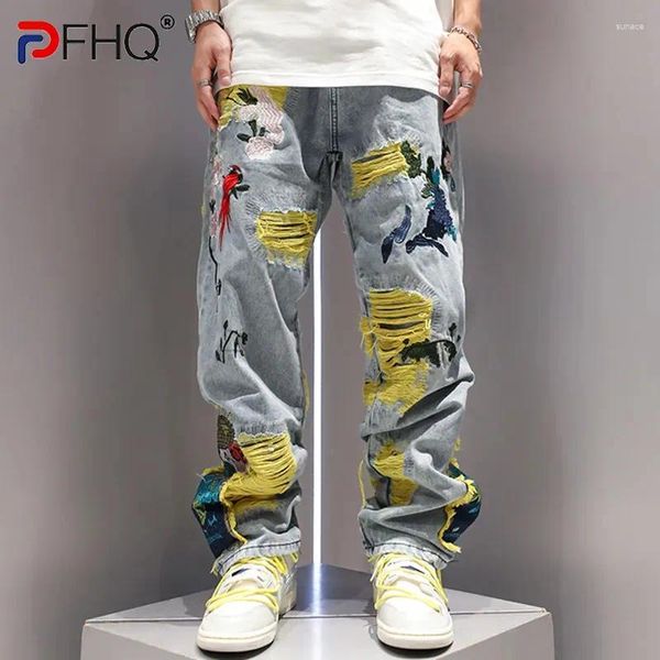 Jeans pour hommes PFHQ Industrie lourde Broderie Motif de fleurs Perforé Automne Chine-Chic Créativité Art Y2K Design Pantalon 21Z2534