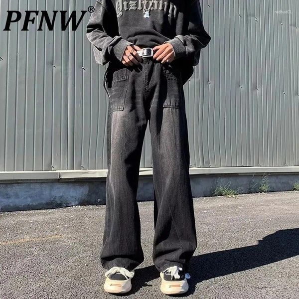 Jeans pour hommes PFNW American Stylish High Street Multi Poches Usé Mâle Denim Pantalon Pantalon à Jambes Larges 2024 Printemps 28W3030