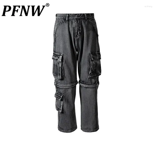 Jeans pour hommes PFNW Automne Hiver Marée Chic Zipper Short mi-long et pantalon long droit Denim Safari Style Multi Pocket 12A4972