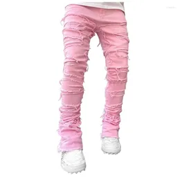 Jeans masculins mode rose extensible patch mascules des hommes détruits