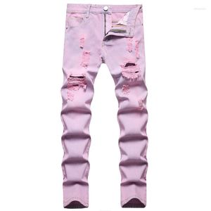 Heren jeans roze gescheurde heren lente zomer nostalgische noodlijdende broek casual slanke pantalones para hombre vaqueros