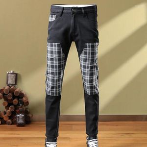 Jeans pour hommes Plaid Print Patchwork Noir Skinny 2023 Hip Hop Slim Fit Hommes Pantalons Streetwear Pantalon Moto