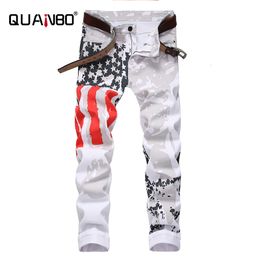 Jeans para hombres Tallas grandes 38 40 42 Jeans blancos para hombres Marca QUANBO Hombres Moda Casual Jeans estampados Stretch Skinny Denim Jogger Pants 230918