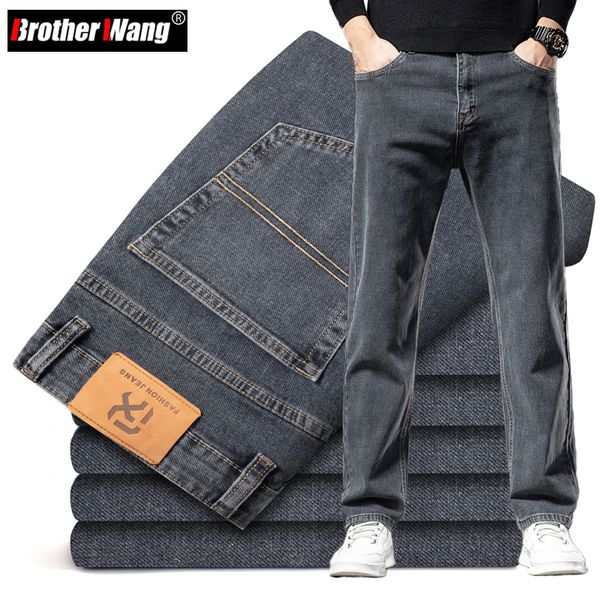 Jeans pour hommes grande taille 40 42 44 automne hommes bleu-gris jean droit affaires décontracté coton Stretch Denim pantalon mâle marque 230301