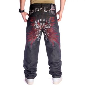Jeans pour hommes Grande taille taille 30 pouces Skateboard hommes jean jambe large lâche Hip Hop brodé fleur ailes mâle Denim pantalon pantalon 230204