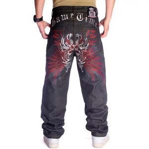 Jeans voor heren Grote maten taille 30-inch Skateboard Herenjeans Wijde pijpen Losse hiphop Geborduurde bloemvleugels Mannelijke denimbroek Broeken 230204