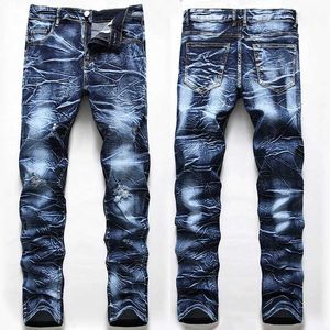 Herenjeans gepolijste witte patch jeans denim heren elastische snorharen gewassen kleine hiphop broek vier seizoenen plus maat J240507