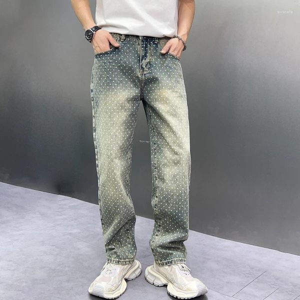 Jeans pour hommes Polka Dot imprimé hommes desserrent jambe droite Denim vêtements d'extérieur mâle Y2k Baggy pantalon