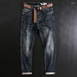 Jeans pour hommes Pria Desainer mode Sobek Gambar Cetak Pas Badan Elastis Biru Vintage Celana Denim Katun Kasual rétro