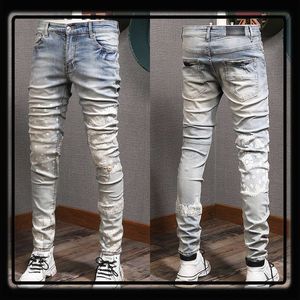 Jeans masculin imprimé de détail extensible en denim pantalon coton slim fit nouveau 124