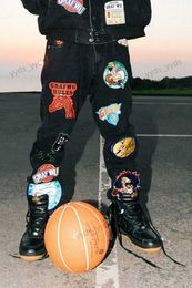 Jeans voor heren Bedrukte gewassen zwarte rechte jeans denim originele trend straatbasketbalcompetitie Gotische retro mode hiphop losse broek T231123