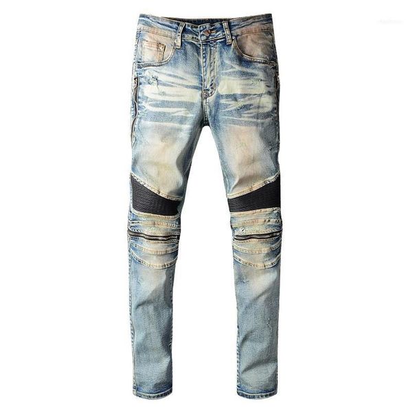 Jeans pour hommes en cuir PU Patchwork motard genou fermetures à glissière rétro bleu clair Stretch Denim pantalon mince hommes Skinny Jeans1