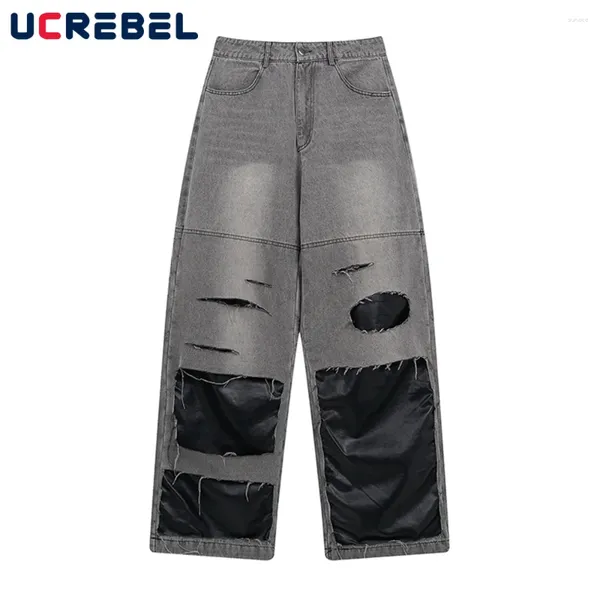 Jeans pour hommes en cuir Pu en cuir épissé pour hommes streetwear lavé en détresse en détresse Loose Wide jambe denim pantalon hommes