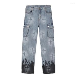  Jeans para hombres Punk Denim Pantalones Hombres Harajuku Llama Cruz Impresión Color Bloque Baggy Masculino Pantalones rectos Multi-bolsillos Otoño Invierno