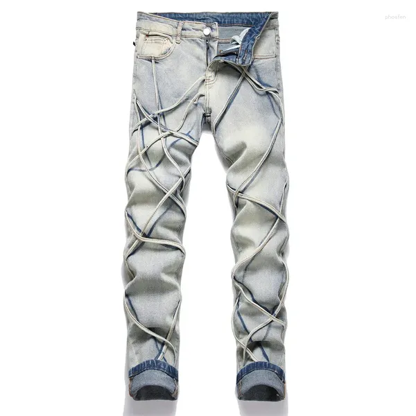 Jeans pour hommes Punk Denim Slim Pantalons droits Hombre Pantalon masculin Multiples bretelles tissées Hip Hop Rétro Bleu Casual