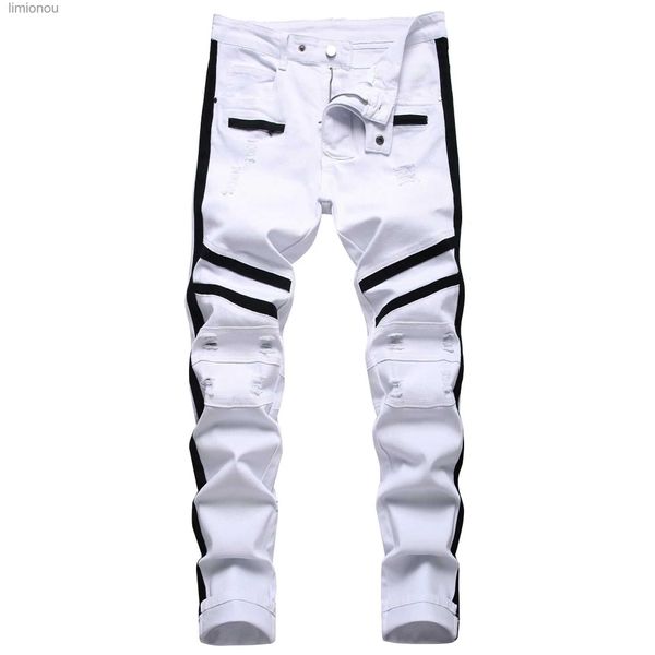 Jeans pour hommes Punk Jeans hommes fermeture éclair Hip Hop Slim Fit blanc vélo jean élastique fendu Denim pantalon coton mode décontracté Jogging mâle vêtements L240119