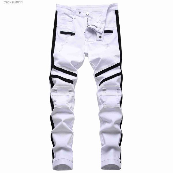 Jeans para hombres Punk Jeans Hombres Cremallera Hip Hop Slim Fit White Bike Jeans Elástico Split Denim Pantalones Algodón Moda Casual Ropa para correr L230926