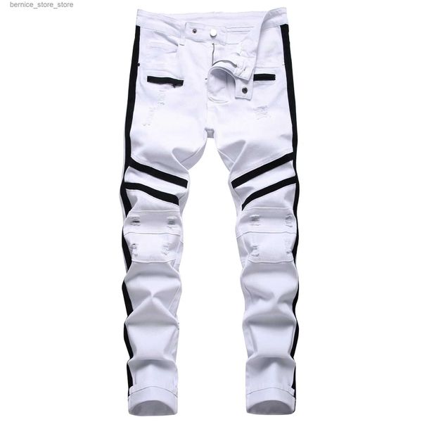 Jeans para hombres Punk Jeans Hombres Cremallera Hip Hop Slim Fit White Bike Jeans Elástico Split Denim Pantalones Algodón Moda Casual Jogging Ropa masculina Q231213