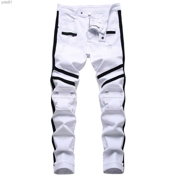 Pantalones vaqueros para hombre Pantalones vaqueros punk para hombre con cremallera Hip Hop Slim Fit pantalones vaqueros blancos para bicicleta pantalones vaqueros elásticos divididos ropa informal para correr de algodón a la moda L231017