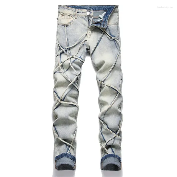 Pantalones vaqueros para hombre Punk Jogger múltiples correas tejidas pantalones de mezclilla azul vintage ropa de calle pantalones ajustados