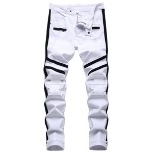 Jeans pour hommes Punk Hommes Zipper Hip Hop Slim Fit Blanc Vélo Élastique Split Denim Pantalon Coton Mode Casual Jogging Mâle Vêtements 230907