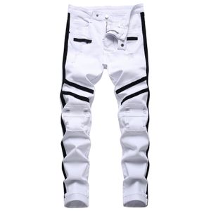 Jeans masculin punk hommes zipper hip hop slim fit blanc vélo élastique pantalon denim en coton coton jogging décontracté village masculin 230909